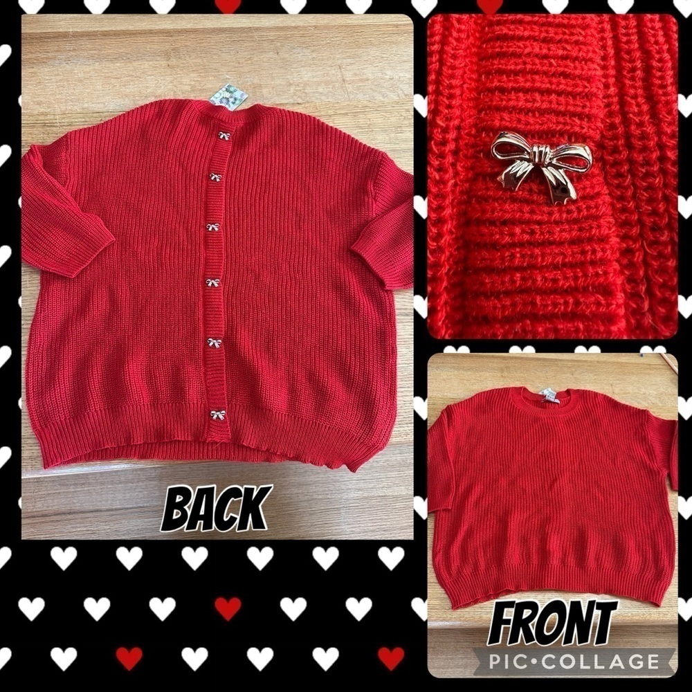 Poppy & Whimsy NWT red knit crew neck bow button detailed back sz 1XL, 23” p2p